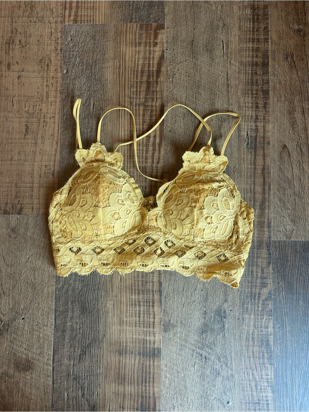 Yellow lace bralette.